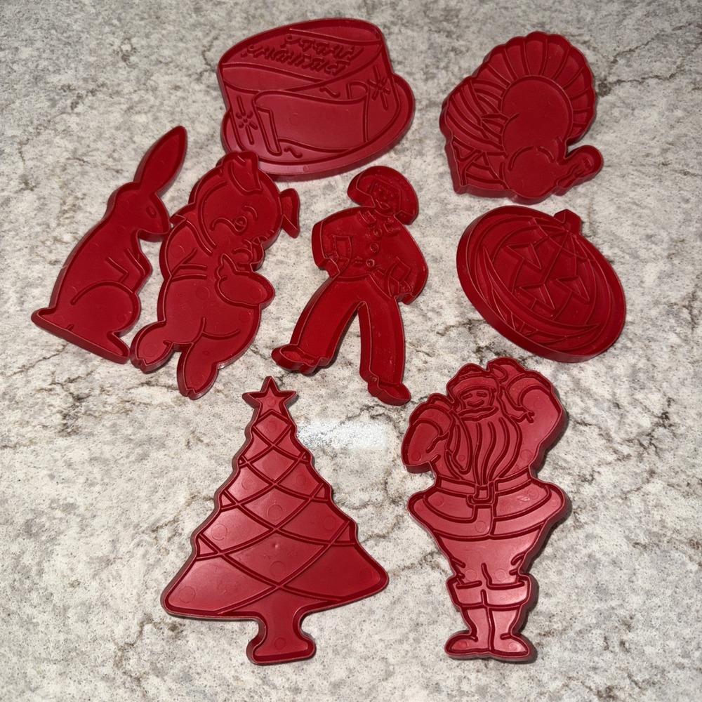 8 Christmas Cookie Cutters Vintage Red Plastic Holiday Tree Santa Birthday Plus